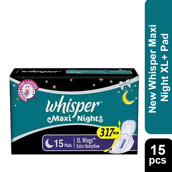 Whisper Maxi Nights Wings Sanitary Napkins XL+ Wings 317mm for Extra Heavy Flow 15pads