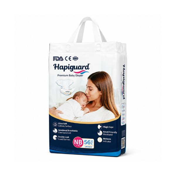 Hapiguard Premium Ultra Soft Baby Diapers – NB (0–5kg) | 56 Pcs